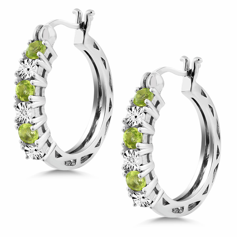 925 Sterling Silver Green Peridot and White Diamond Accent Hoop Earrings For Women (0.83 Cttw, Gemstone Birthstone, 22MM = 0.85 Inches Diameter)