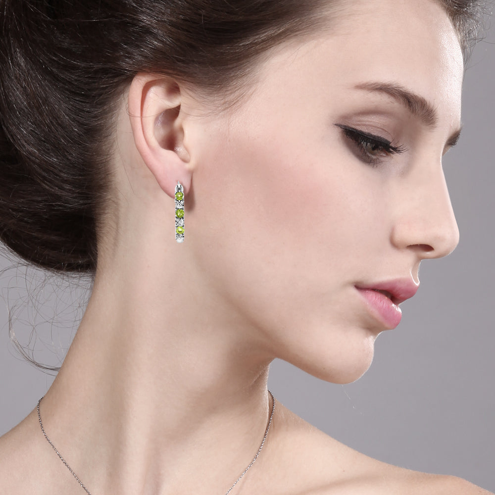925 Sterling Silver Green Peridot and White Diamond Accent Hoop Earrings For Women (0.83 Cttw, Gemstone Birthstone, 22MM = 0.85 Inches Diameter)