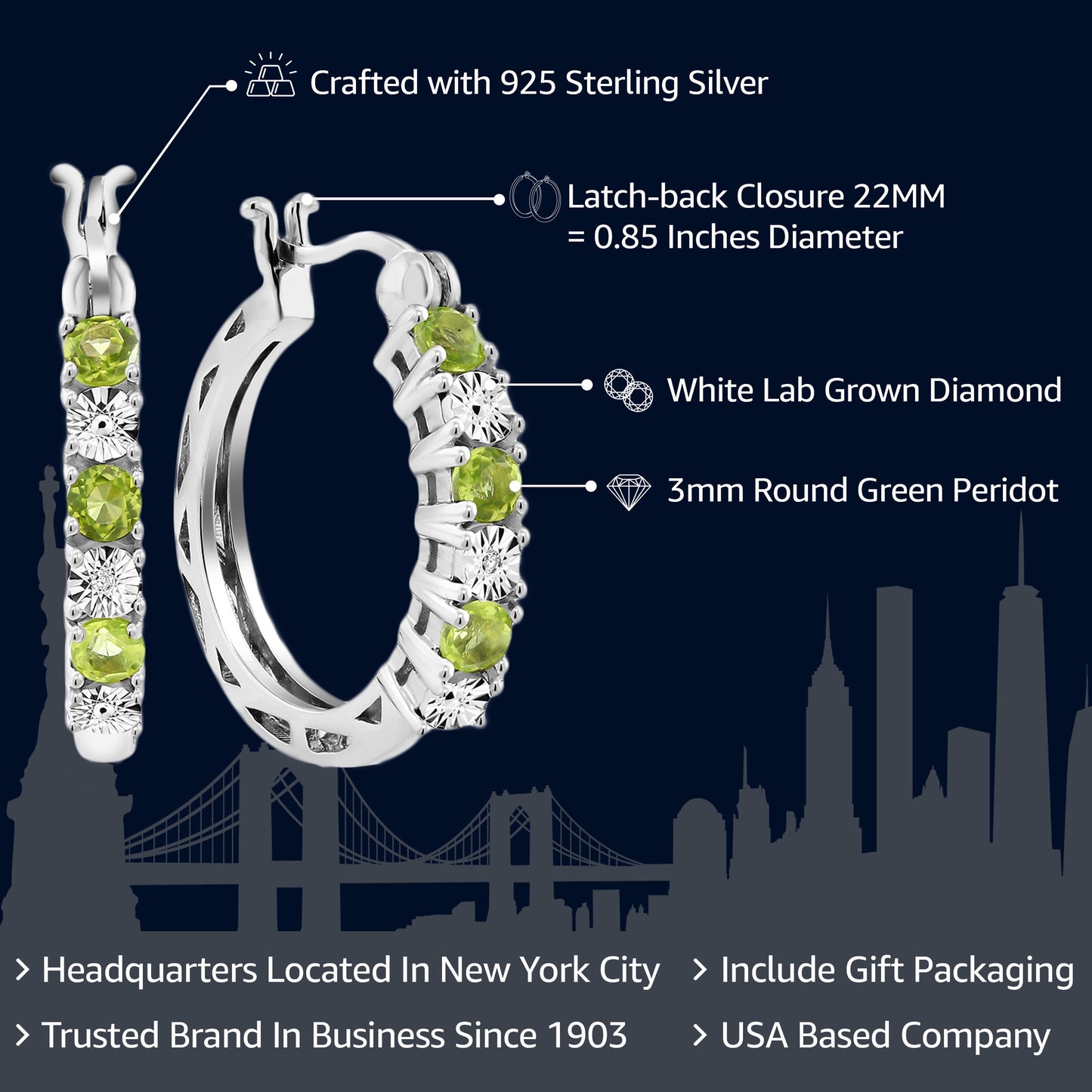 925 Sterling Silver Green Peridot and White Diamond Accent Hoop Earrings For Women (0.83 Cttw, Gemstone Birthstone, 22MM = 0.85 Inches Diameter)