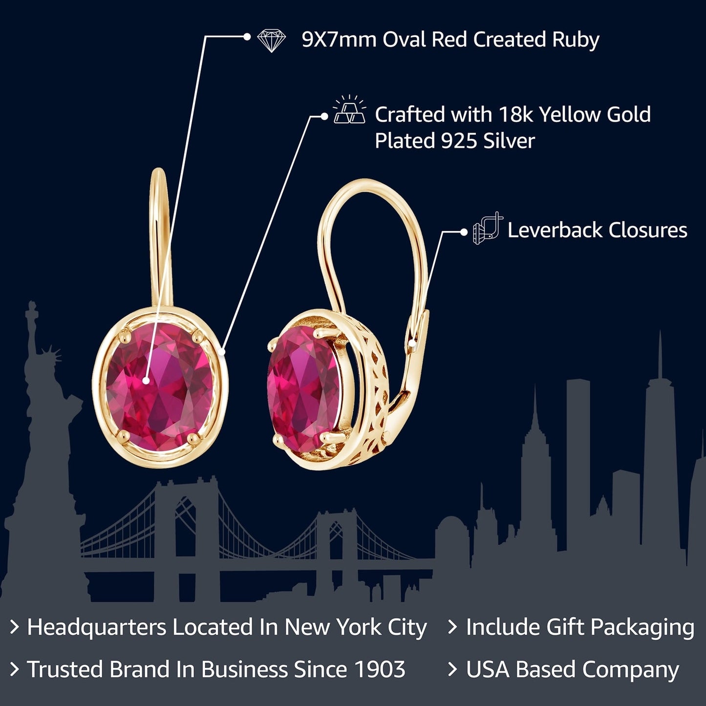 18K Yellow Gold Plated Silver Red Created Ruby Dangle Earrings For Women (4.00 Cttw, Oval 9X7MM)