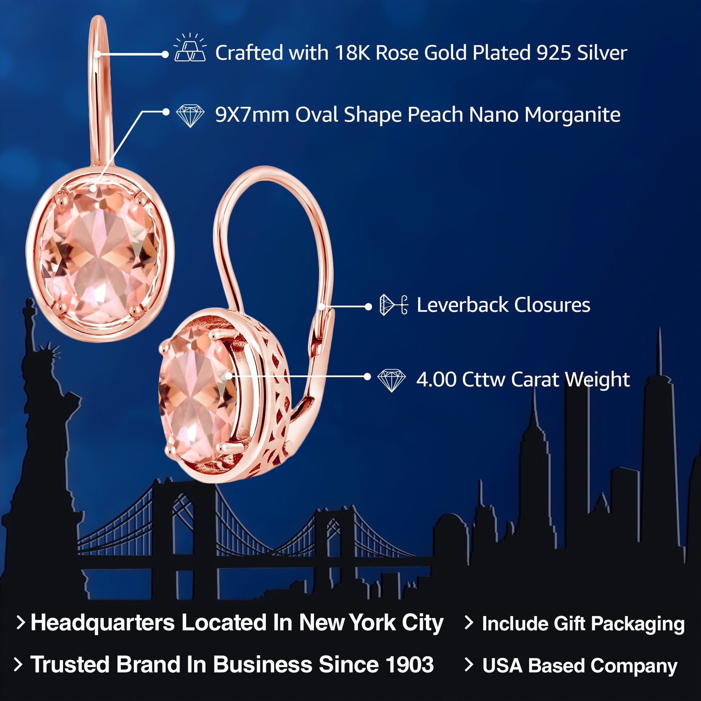 18K Rose Gold Plated Silver Peach Nano Morganite Earrings For Women (4.00 Ct Oval 9X7MM)