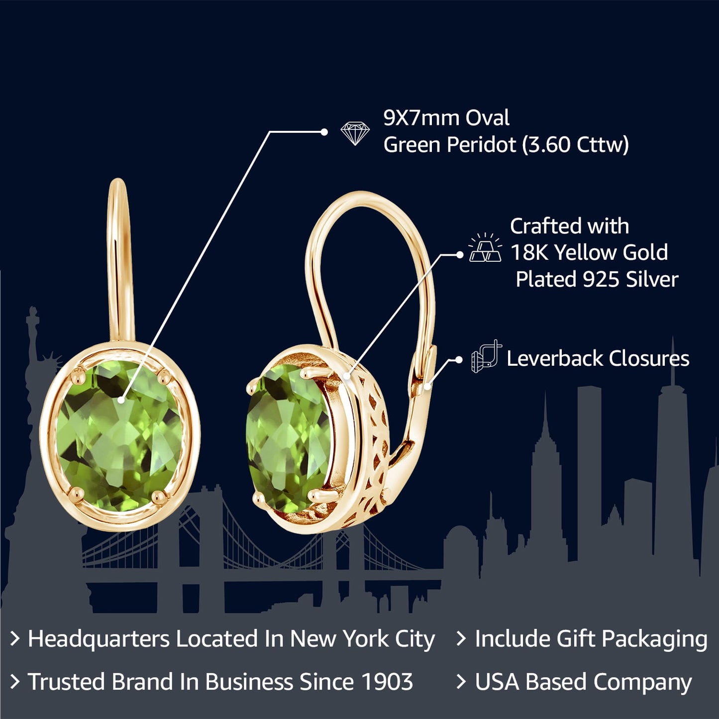 18K Yellow Gold Plated Silver Green Peridot Dangle Earrings For Women (3.60 Cttw, Gemstone Birthstone, Oval 9X7MM)