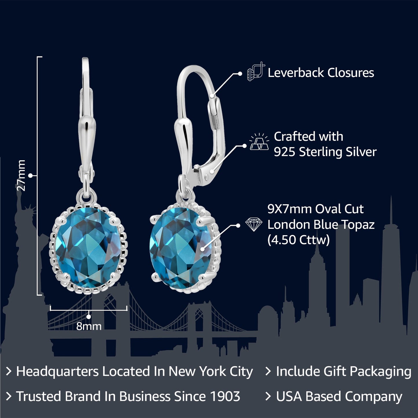 Leverback Drop Dangle Earrings For Women | 925 Sterling Silver | 9X7MM Oval Gemstone Birthstone | Fine Jewelry Gifts for Her Mom Women Wife