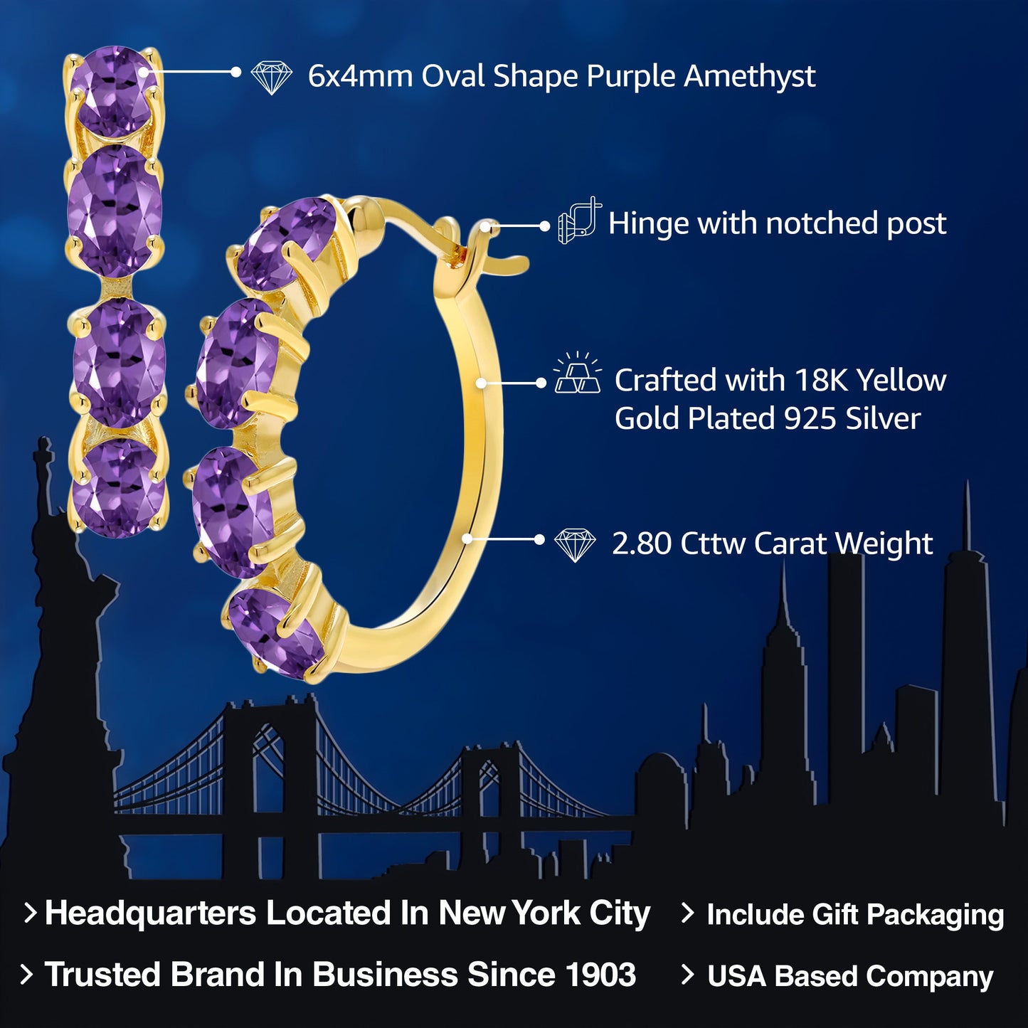 18K Yellow Gold Plated Silver Oval Gemstone Birthstone Hoop Earrings For Women | Oval 6X4MM | 22MM = 0.85 Inch | Gold Hoop Earrings | Fine Jewelry Gifts for Her Mom Women Wife