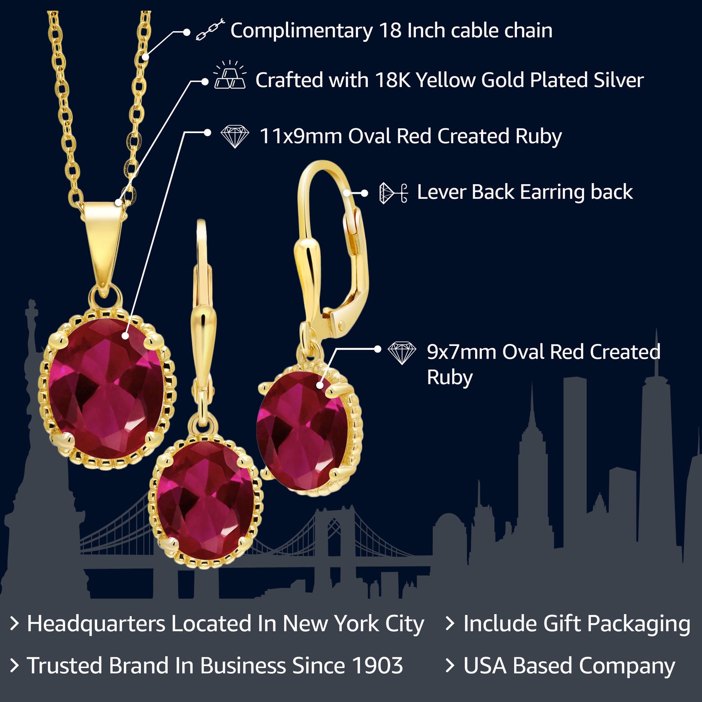 18K Yellow Gold Plated Silver Oval Red Created Ruby Pendant and Earrings Jewelry Set For Women (8.00 Cttw, with 18 Inch Chain)