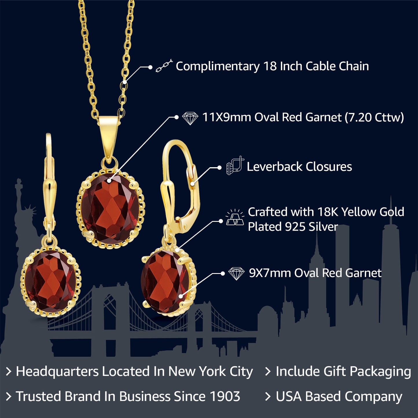 18K Yellow Gold Plated Silver Oval Red Garnet Pendant and Earrings Jewelry Set For Women (7.20 Cttw, Gemstone Birthstone, with 18 Inch Chain)