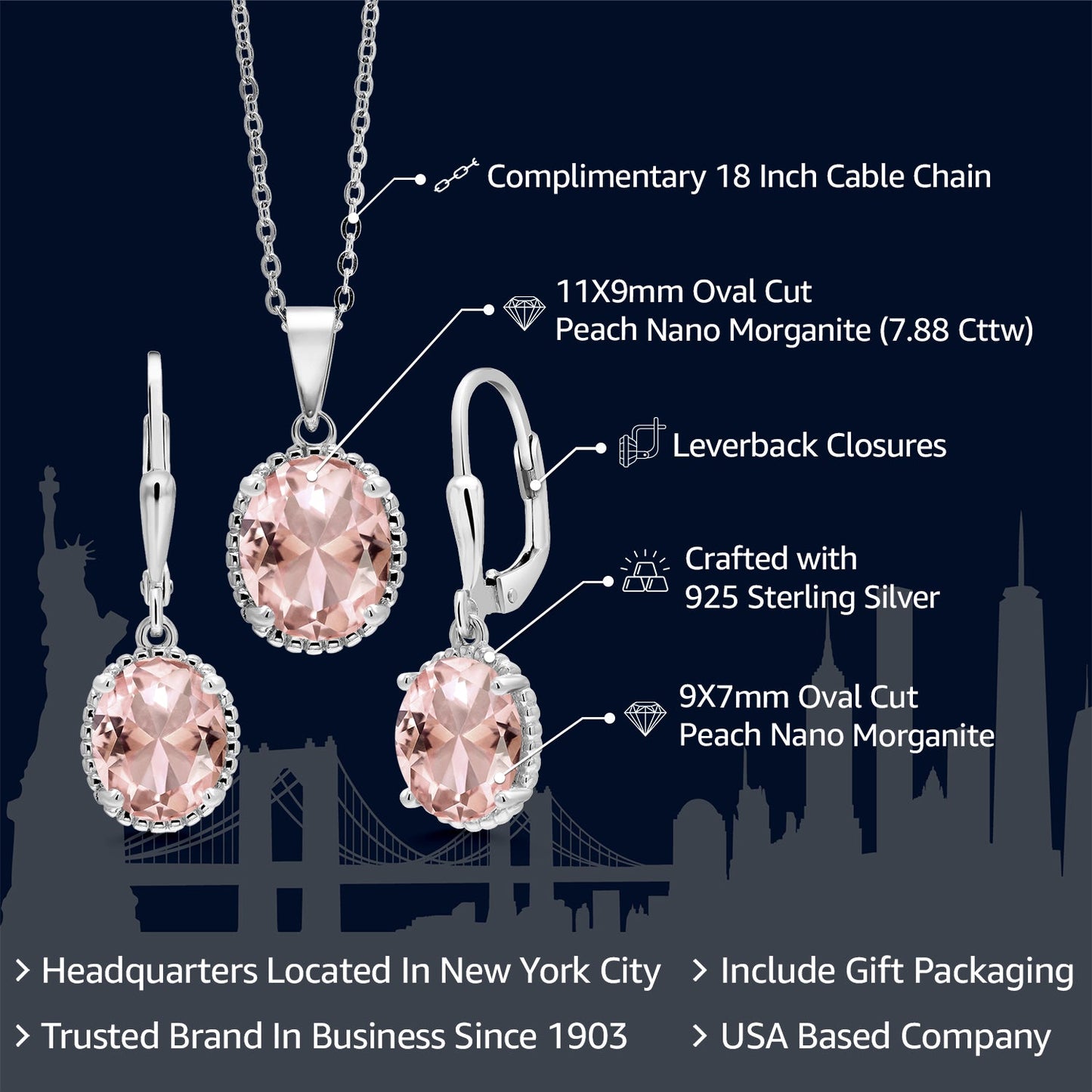 925 Sterling Silver Peach Nano Morganite Pendant and Earrings Jewelry Set For Women (7.88 Cttw, Oval 11X9MM and 9X7MM, with 18 Inch Chain)