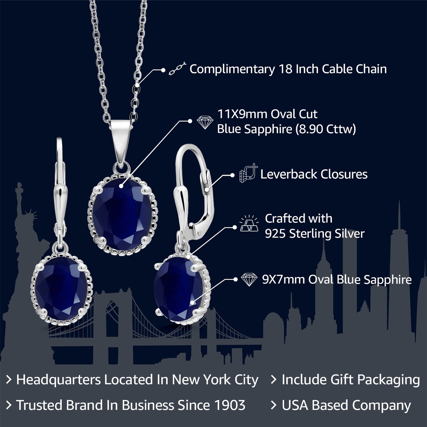925 Sterling Silver Blue Sapphire Pendant and Earrings Jewelry Set For Women (8.90 Cttw, Gemstone Birthstone, Oval 11X9MM and 9X7MM, with 18 Inch Silver Chain)