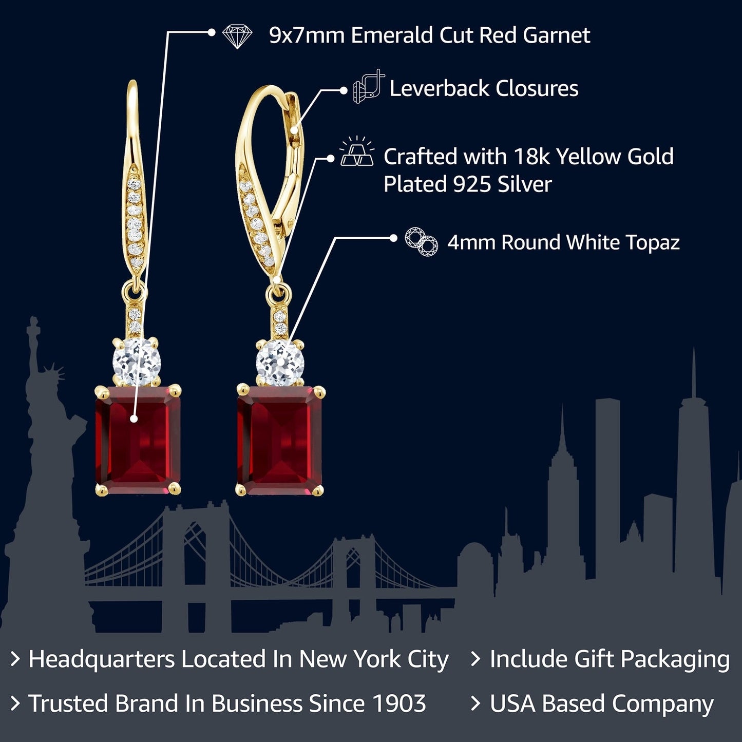 4-6 Cttw Dangle Earrings for Women | Gemstone Birthstone and White Topaz | 18K Yellow Gold Plated Silver | Emerald Cut 9X7MM | Elegant Drop Design | Gift for Her Wife Mom