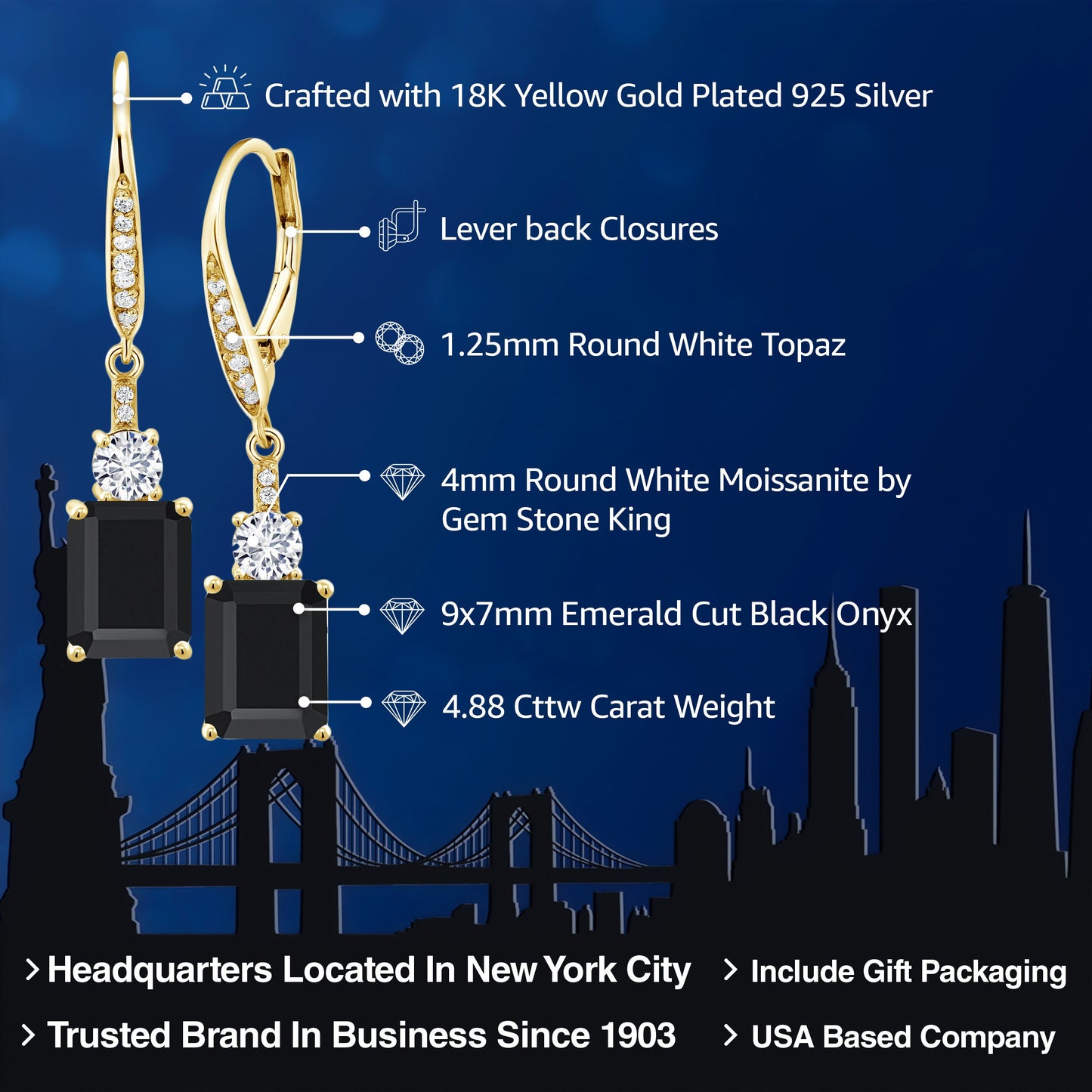 Gemstone Birthstone and White Moissanite Dangle Earrings For Women | 18K Yellow Gold Plated Silver | Emerald Cut 9X7MM with 4MM Round Accent | Elegant Drop Design