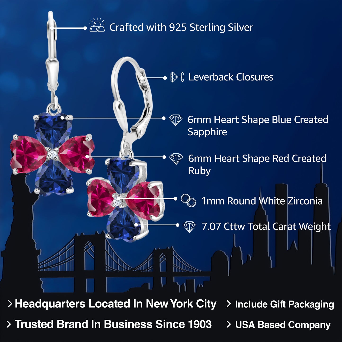 925 Sterling Silver Red Created Ruby and Blue Created Sapphire Dangle Earrings For Women (7.07 Cttw, Gemstone July Birthstone, Heart Shape 6MM)