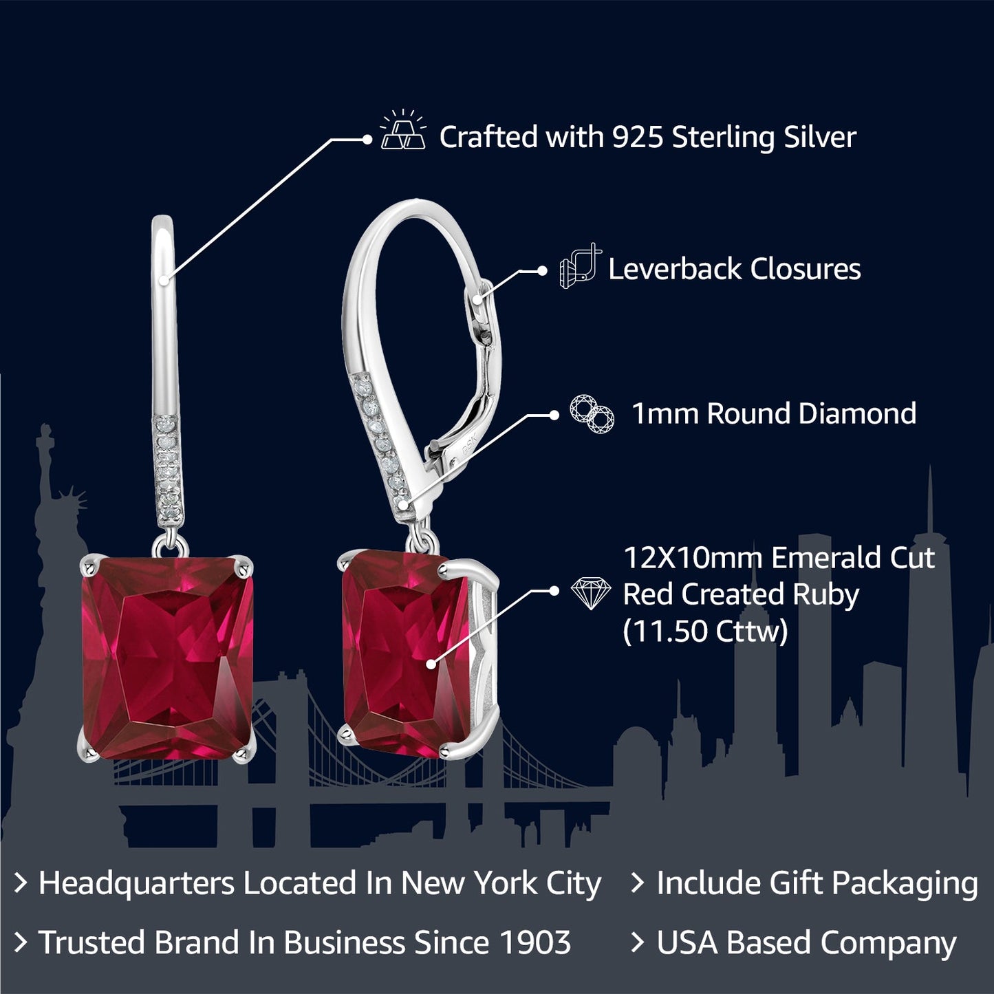 11-15 Cttw Leverback Drop Dangle Earrings for Women | 925 Sterling Silver | Gemstone Birthstone and White Diamond | Emerald Cut 12X10MM | Fine Jewelry Gifts for Her Mom Women Wife