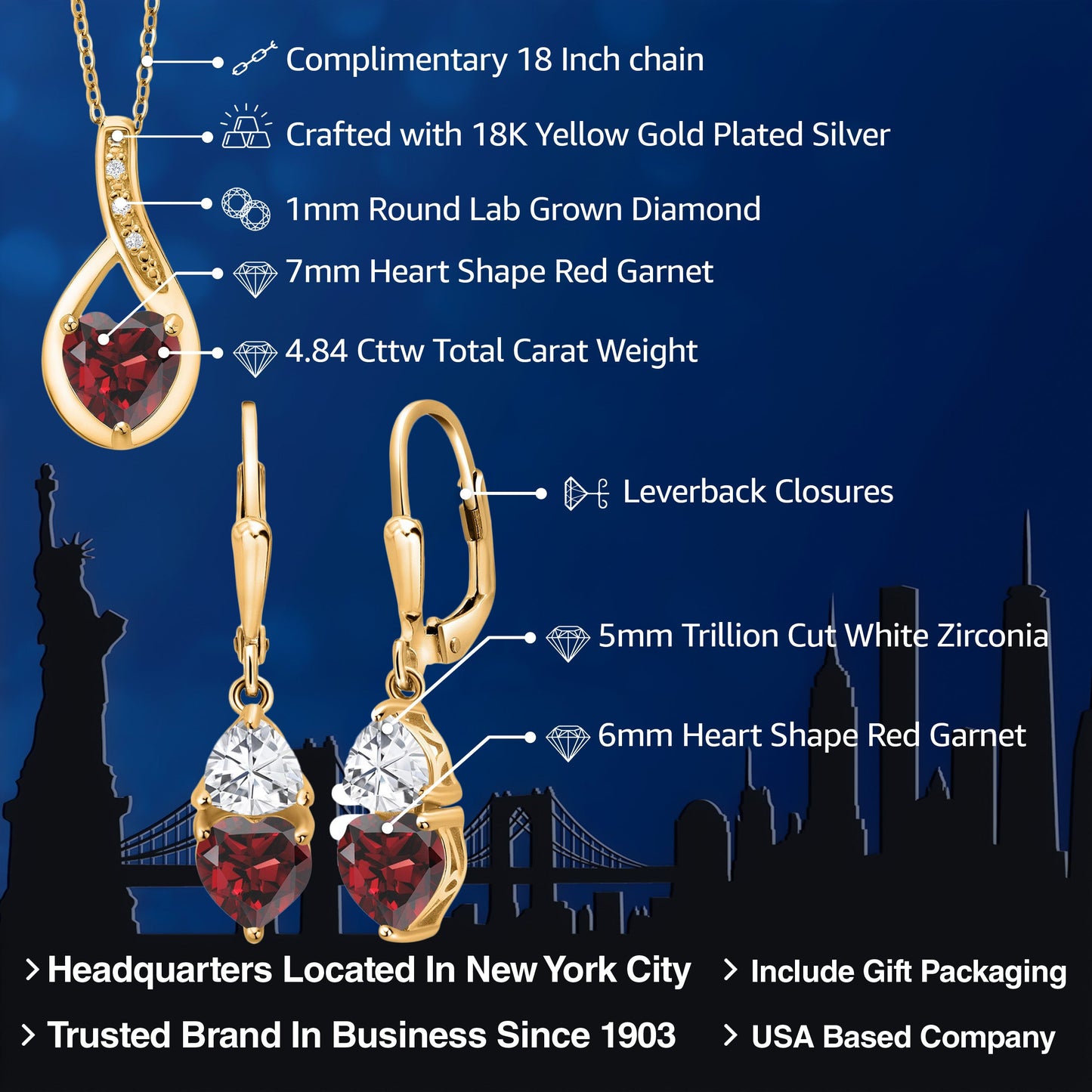 18K Yellow Gold Plated Silver Red Garnet Pendant Earrings Set For Women (4.84 Cttw, Gemstone January Birthstone, with 18 Inch Chain)