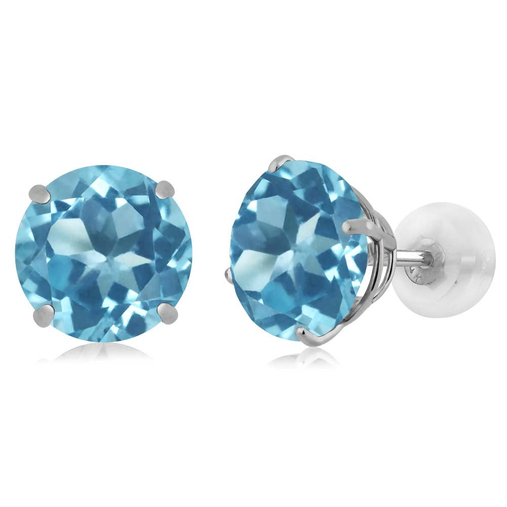 3-5 Cttw Solid 14K White Gold 8MM Round Gemstone Birthstone Stud Earrings | Gold Earrings with Comfort Back For Women Men