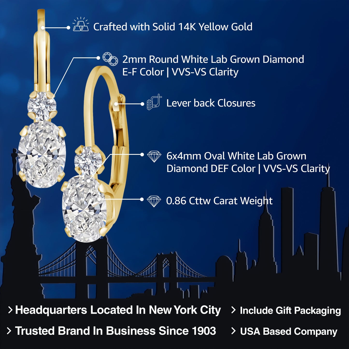 14K Gold White Lab Grown Diamond Leverback Earrings For Women | 0.86 Cttw | Oval 6X4MM and Round 2MM | DEF Color | VVS-VS Clarity | 3/4 Inch