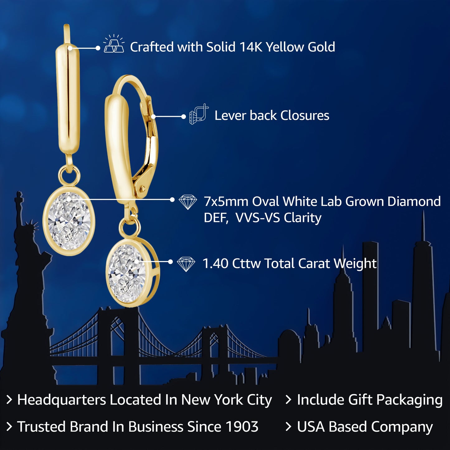 14K Yellow Gold Lab Grown Diamond Earrings For Women | 1.40 Cttw | Gemstone April Birthstone | Oval 7X5MM