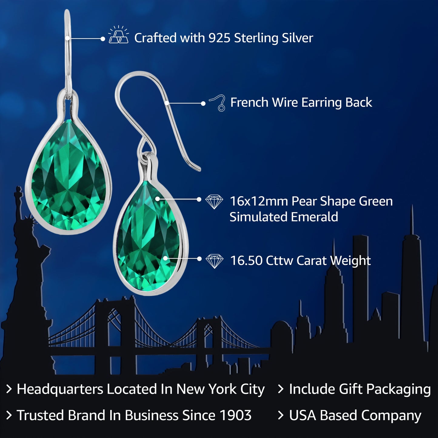 925 Sterling Silver Green Simulated Emerald Teardrop Dangle Earrings For Women | 16.50 Cttw | Pear Shape 16X12MM