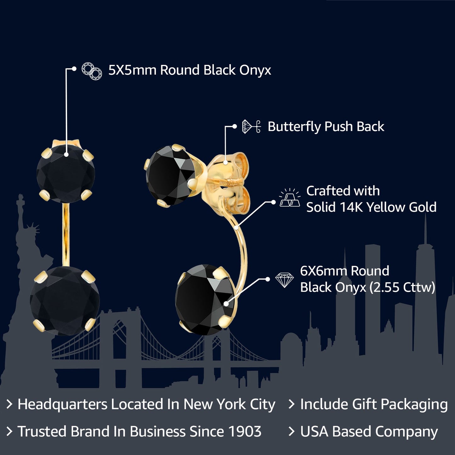 14K Yellow Gold Black Onyx Dual Drop 2 Stone Round Earrings for Women (2.55 Cttw, Gemstone Birthstone, Round 6MM and 5MM)