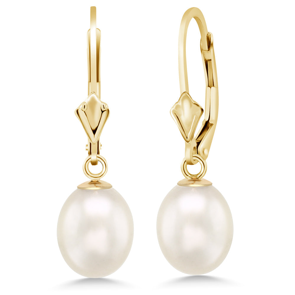 14K Yellow Gold 9MM Cultured Freshwater Pearl Dangle Earrings For Women