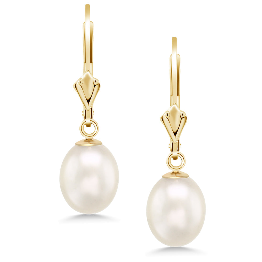 14K Yellow Gold 9MM Cultured Freshwater Pearl Dangle Earrings For Women