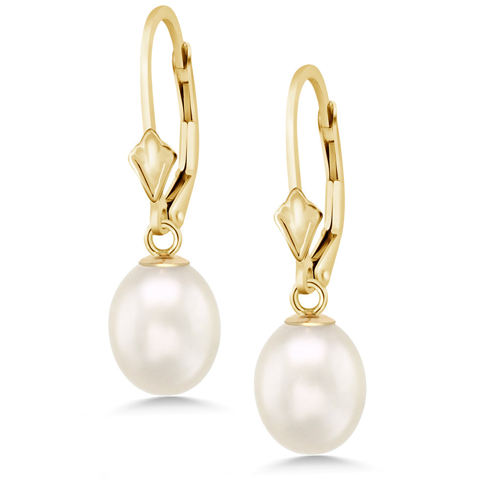 14K Yellow Gold 9MM Cultured Freshwater Pearl Dangle Earrings For Women