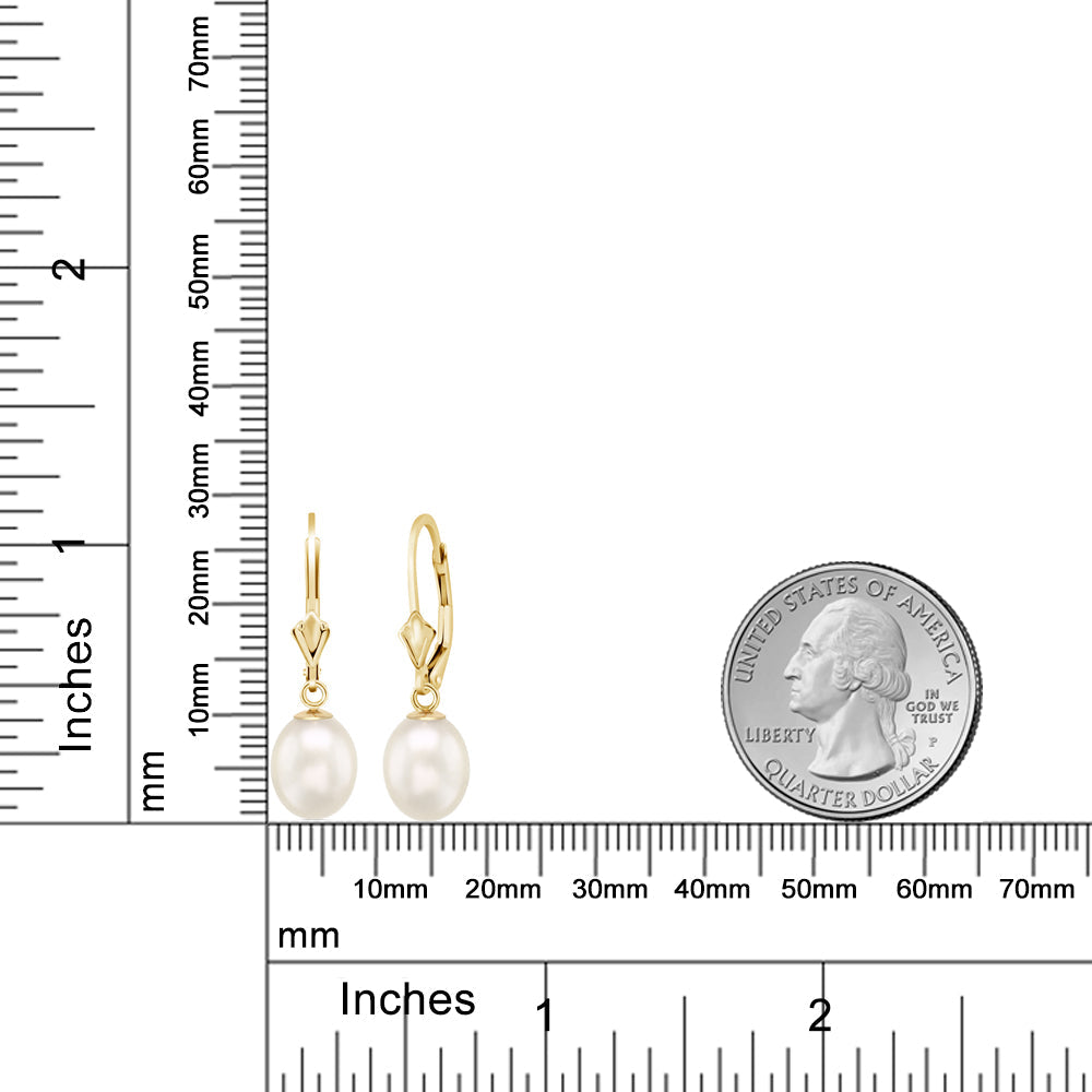 14K Yellow Gold 9MM Cultured Freshwater Pearl Dangle Earrings For Women