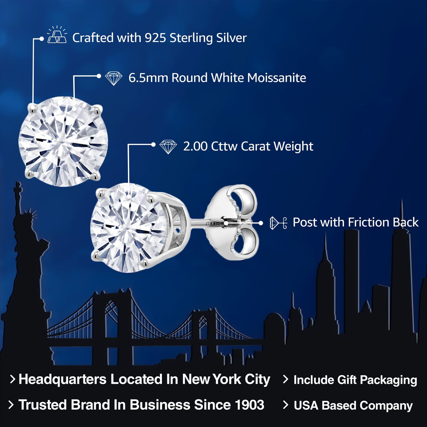 2.00 Cttw Forever Classic Moissanite Stud Earrings For Women Men In 925 Sterling Silver | Round 6.5MM