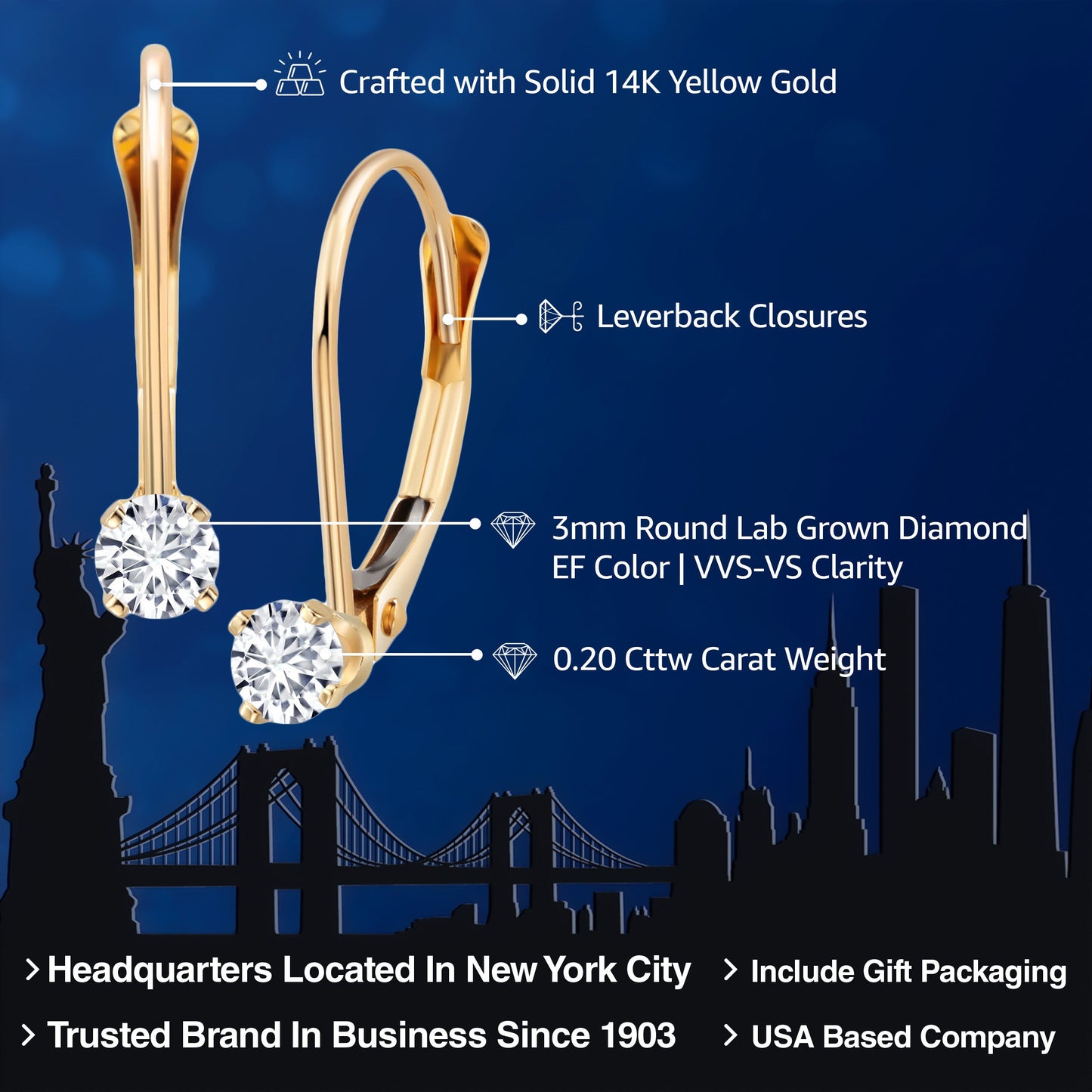 14K Yellow Gold White Lab Grown Diamond Leverback Drop Dangle Earring | 0.20 Cttw | Gemstone Birthstone | Round 3MM | EF Color | VVS-VS Clarity | Gold Earrings For Women