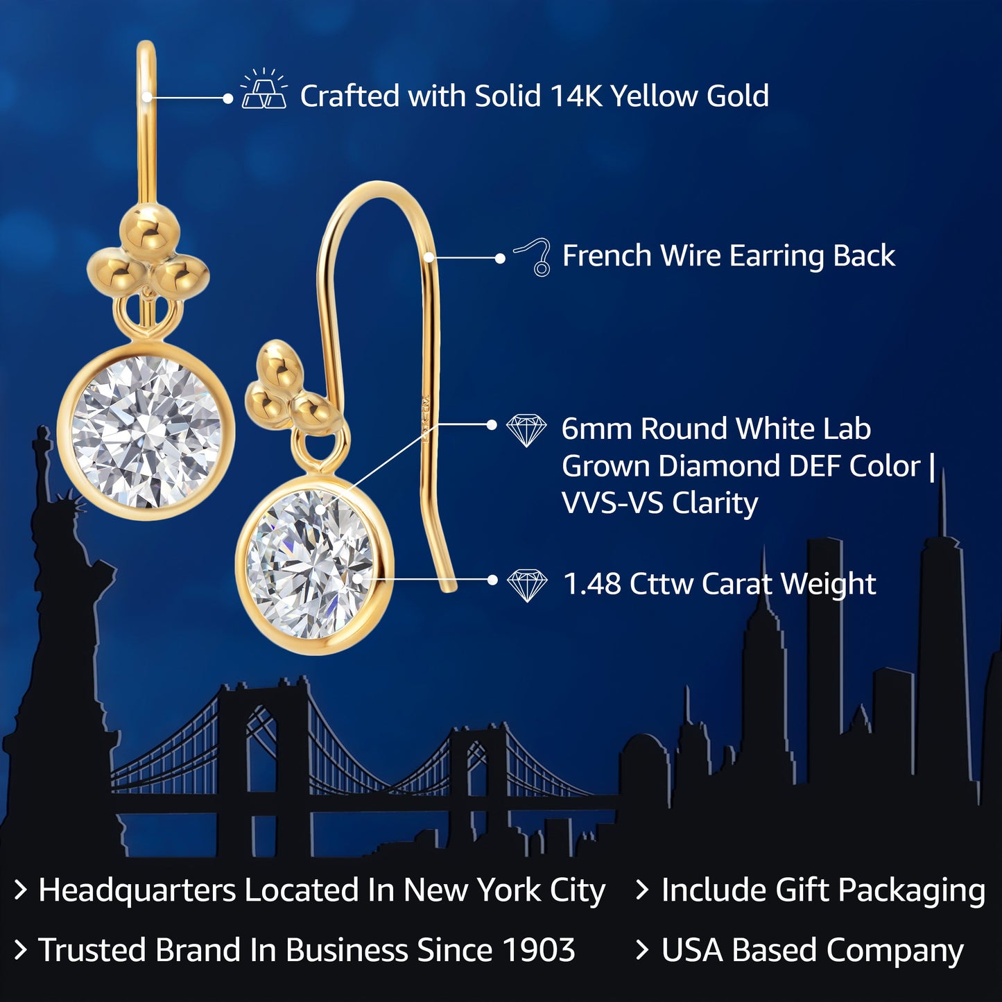 14K Yellow Gold E - F Lab Grown Diamond Dangle Earrings for Women | 1.48 Cttw | Gemstone April Birthstone | Round 6MM