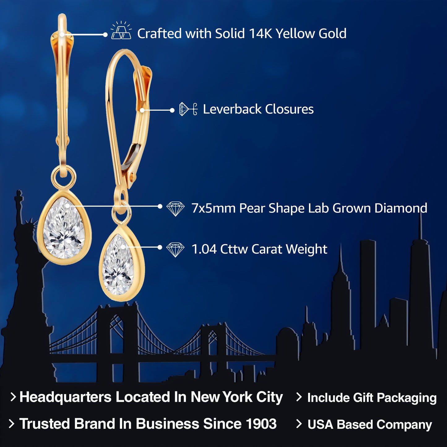 14K Yellow Gold Lab Grown Diamond Drop Dangle Earrings For Women | 1.04 Cttw | Gemstone April Birthstone | DEF Color | VVS-VS Clarity | Pear Shape 7X5MM