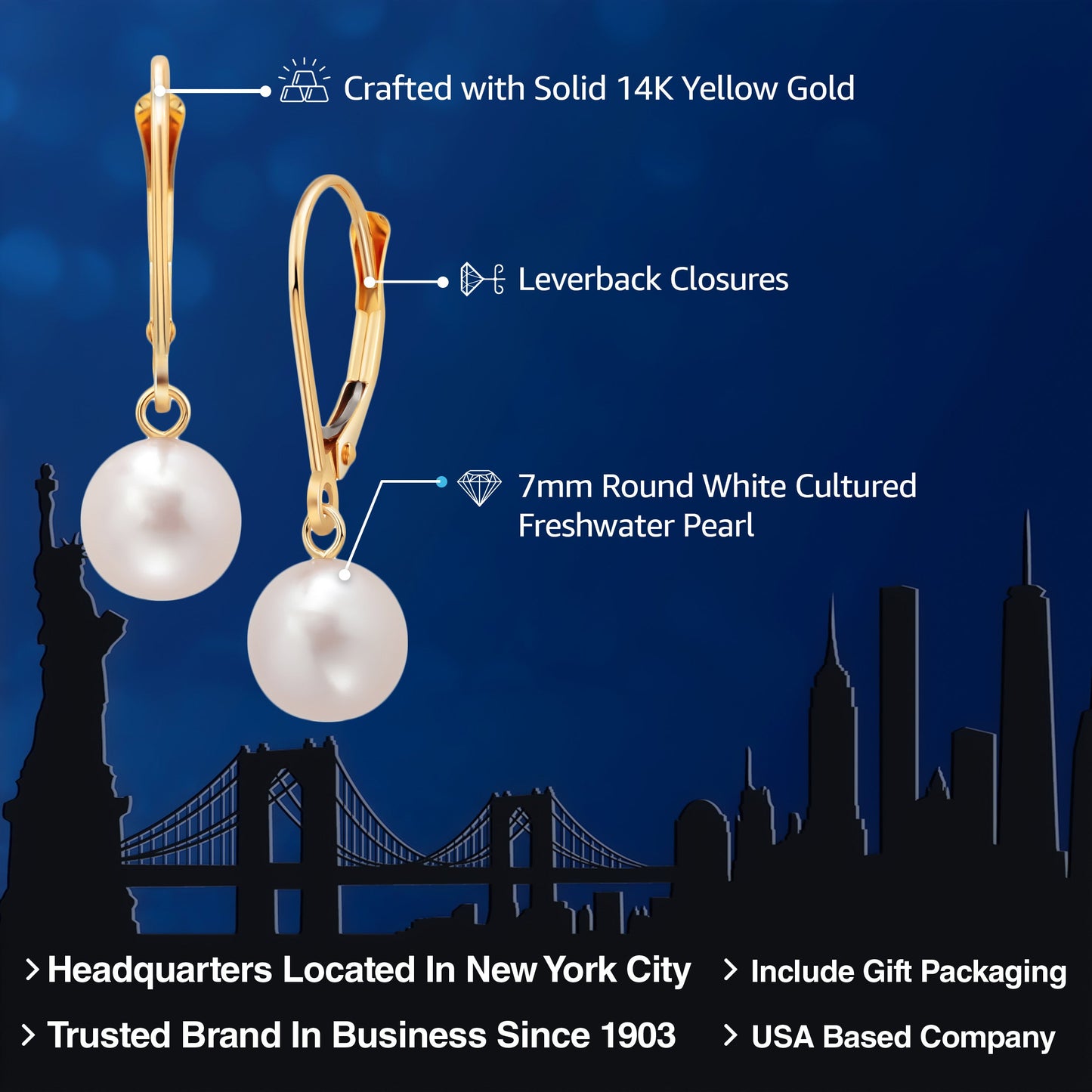 14K Yellow Gold Cultured Freshwater Pearl Earrings For Women, 7MM White Round Shape Dangling