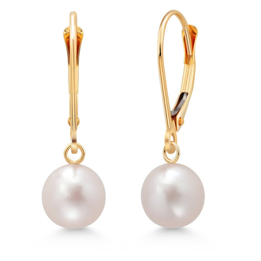 14K Yellow Gold Cultured Freshwater Pearl Earrings For Women, 7MM White Round Shape Dangling