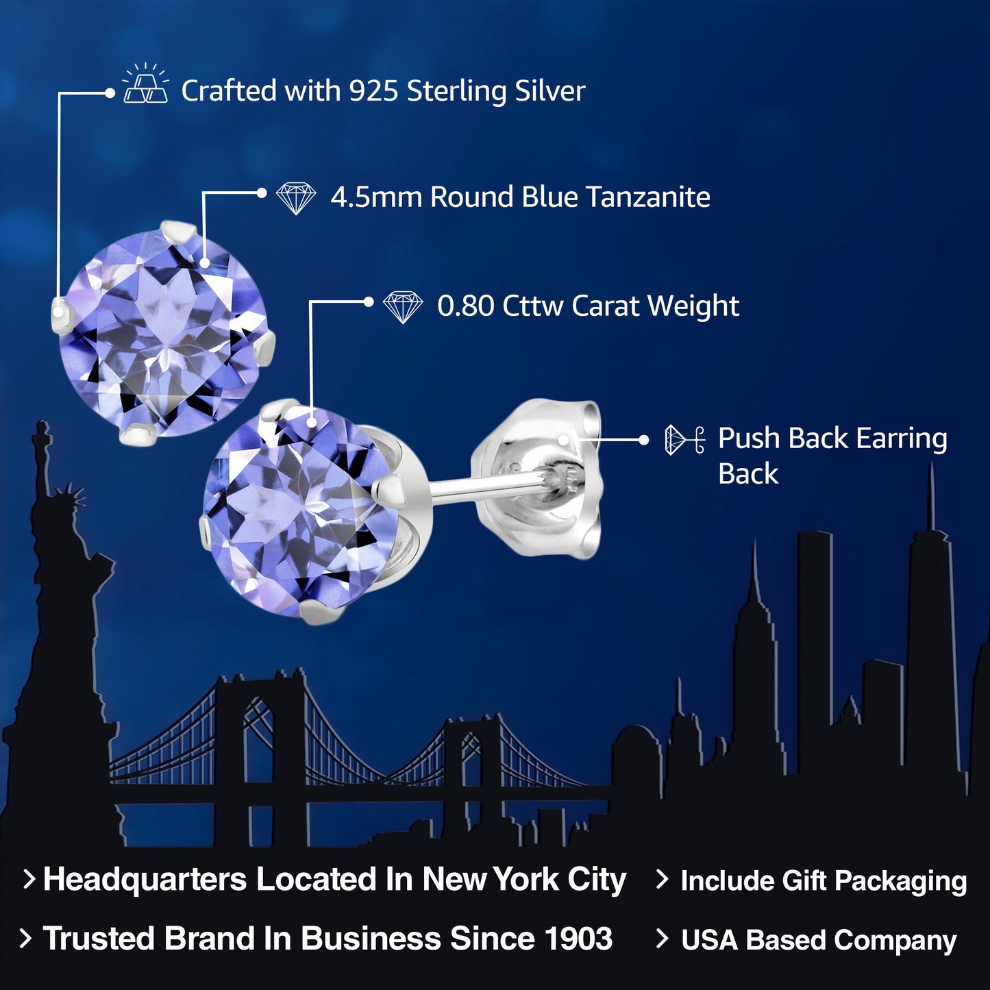 925 Sterling Silver Tanzanite Stud Earrings For Women Men (0.80 Cttw, Gemstone Birthstone, Round Cut 4.5MM)