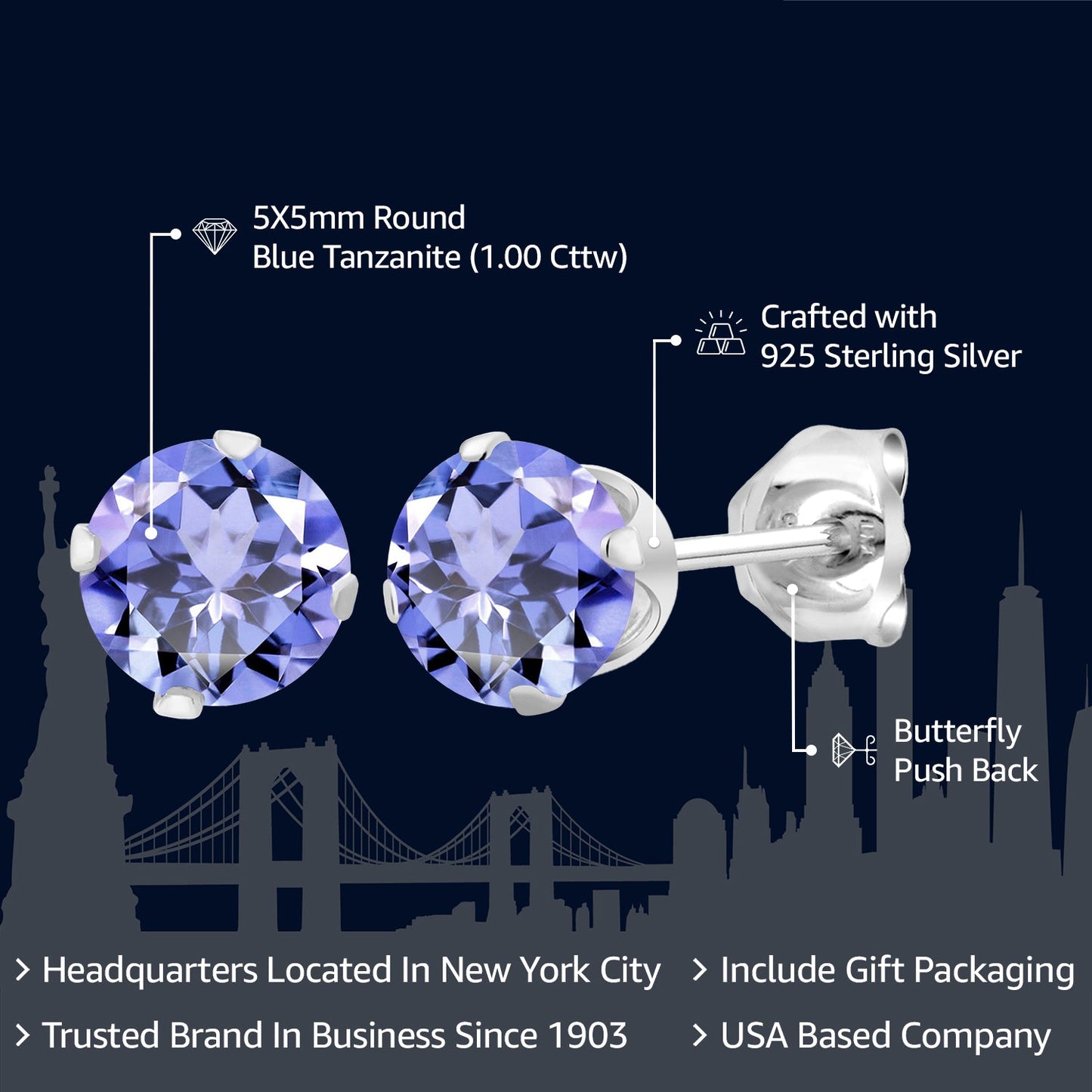 925 Sterling Silver Tanzanite Earrings | 1.00 Cttw | Round 5MM | Gemstone Birthstone Stud Earrings For Women Men