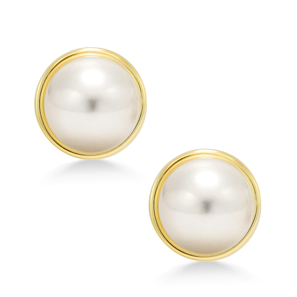 14K Yellow Gold 8MM White Button Shape Cultured Freshwater Pearl Stud Earrings For Women