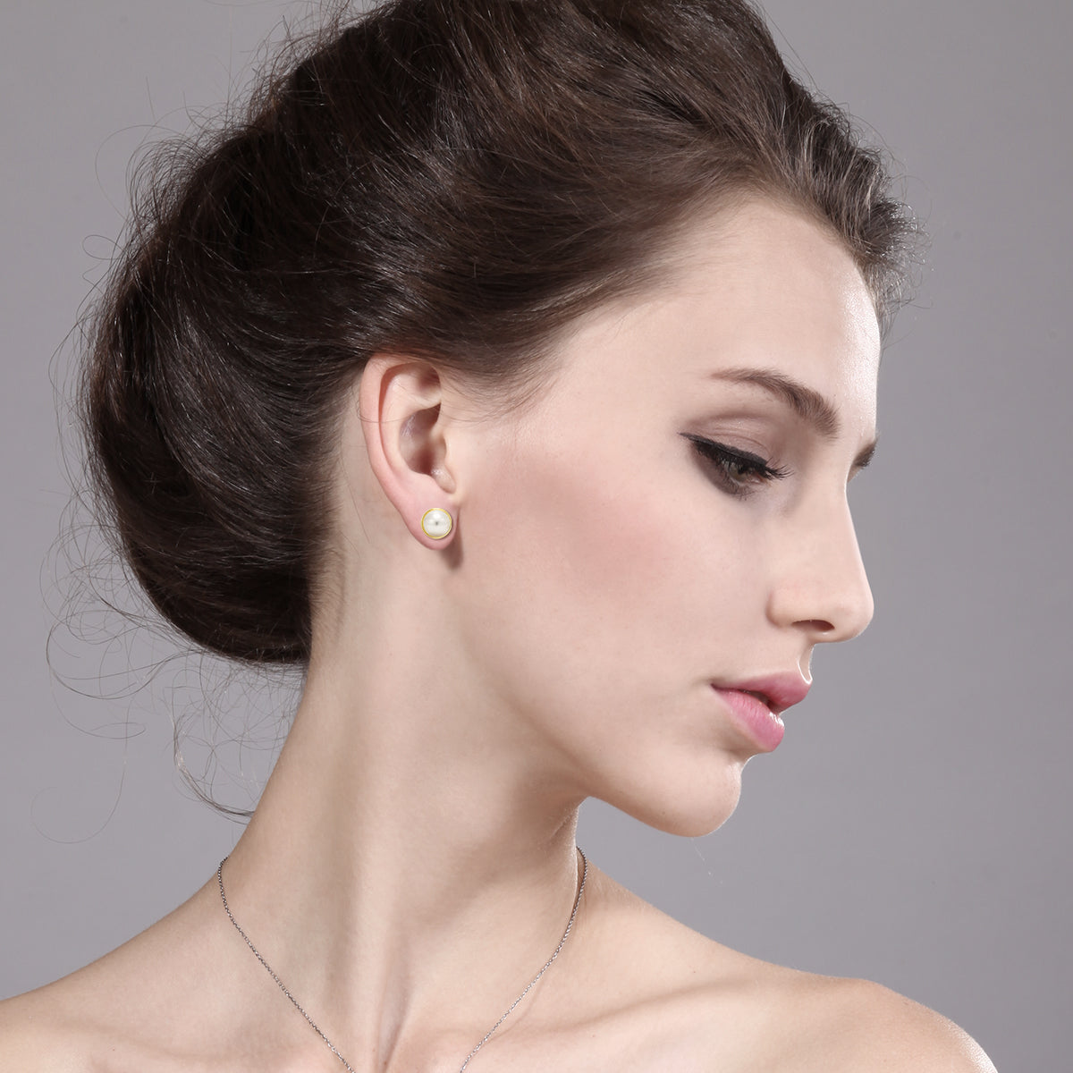 14K Yellow Gold 8MM White Button Shape Cultured Freshwater Pearl Stud Earrings For Women