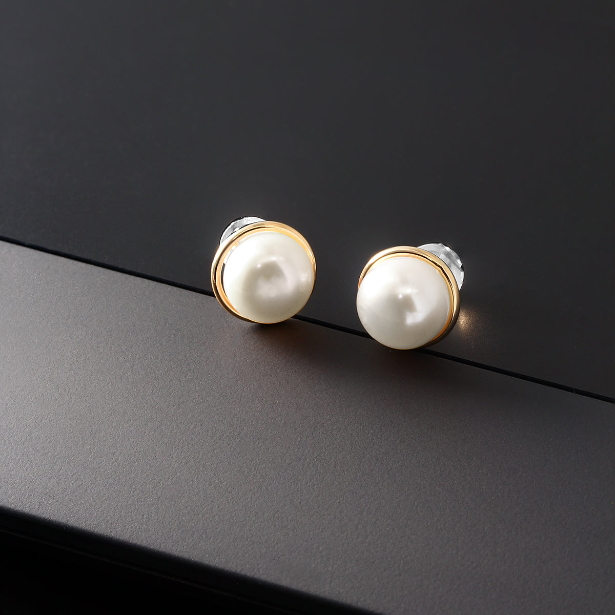 14K Yellow Gold 8MM White Button Shape Cultured Freshwater Pearl Stud Earrings For Women