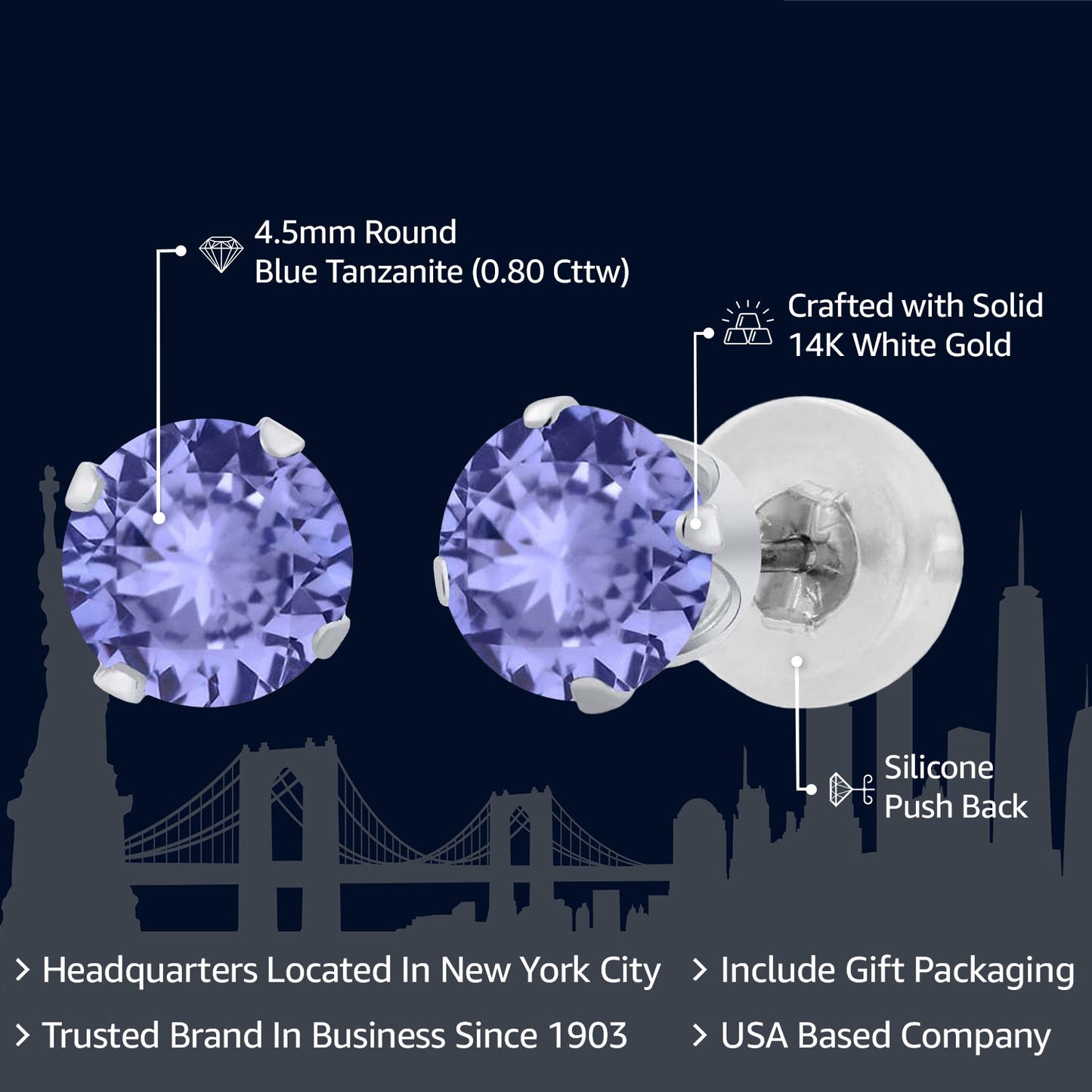 14K White Gold Tanzanite Stud Earrings | 0.80 Cttw | Gemstone Birthstone | Round Cut 4.5MM | Gold Earrings For Women Men