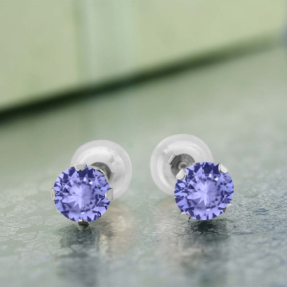 14K White Gold Tanzanite Stud Earrings | 0.80 Cttw | Gemstone Birthstone | Round Cut 4.5MM | Gold Earrings For Women Men